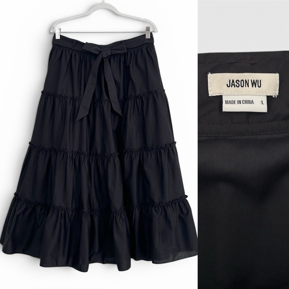 Jason Wu Women's Large Black Tie Waist Tiered Leg Slit Prairie Maxi Skirt NWOT